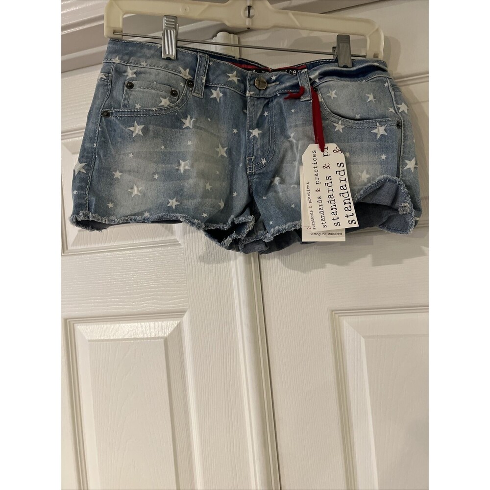 Standards And Practices Junior Womens Denim Shorts Waist 26 Stars Pockets Blue